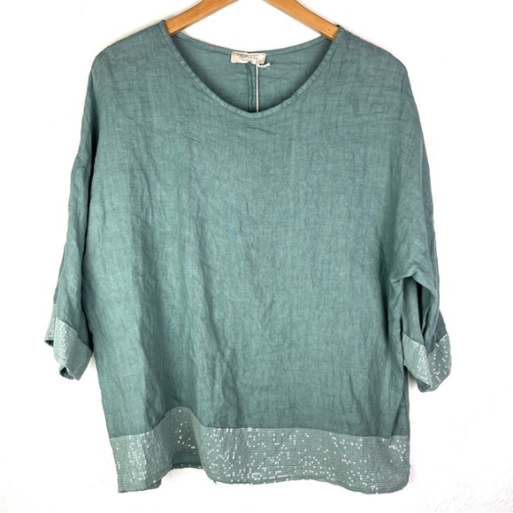 New Bellambra Sequin Trim Light Teal Linen Dolman Sleeve Top size large - Picture 2 of 7